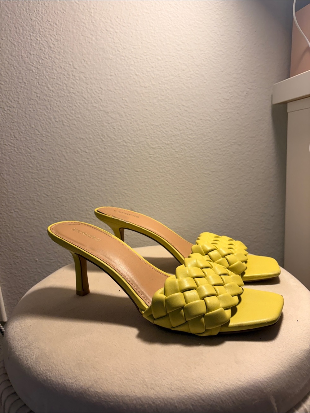 Express Yellow Woven Heeled Slide Mules